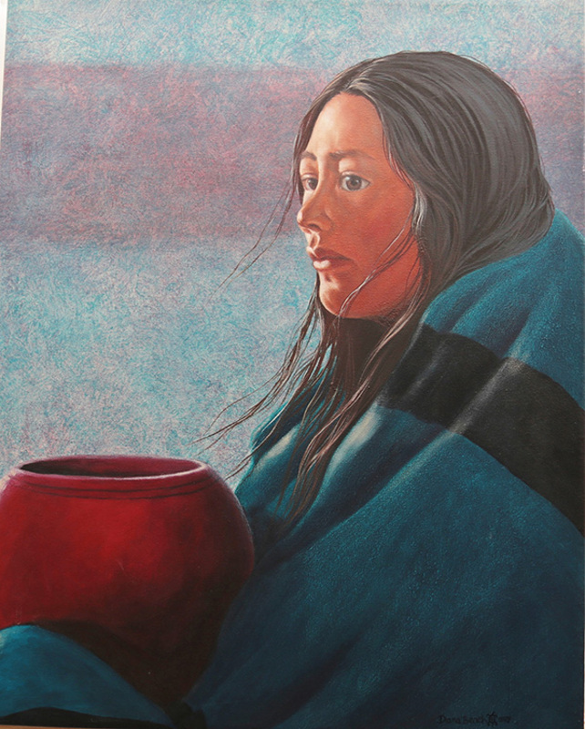 Woman in shawl holding pot