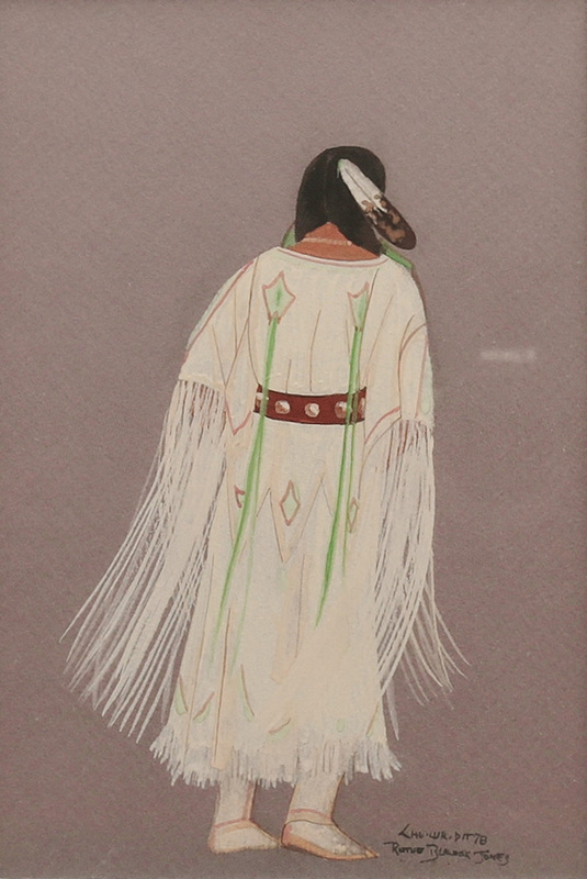 Back of woman in buckskin dress