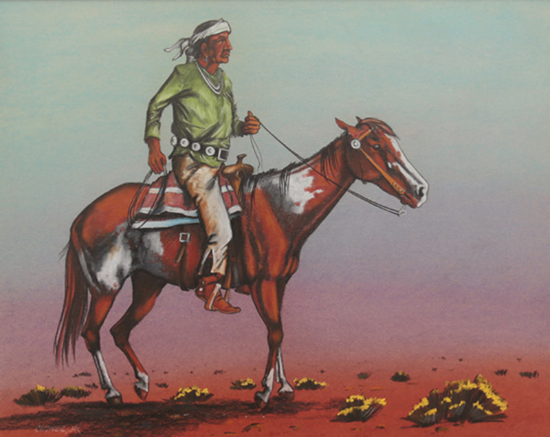 Navajo man riding horse in desert (Nez)