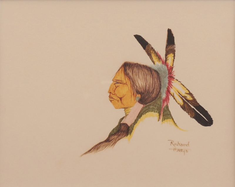 Profile of man in feather headdress (Harjo)