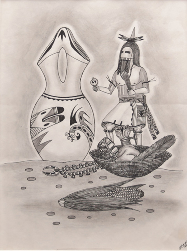 Long-Hair Kachina with pot and basket