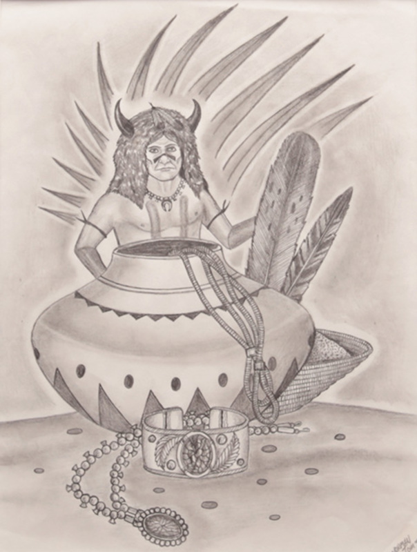 Buffalo dancer with pot and jewelry