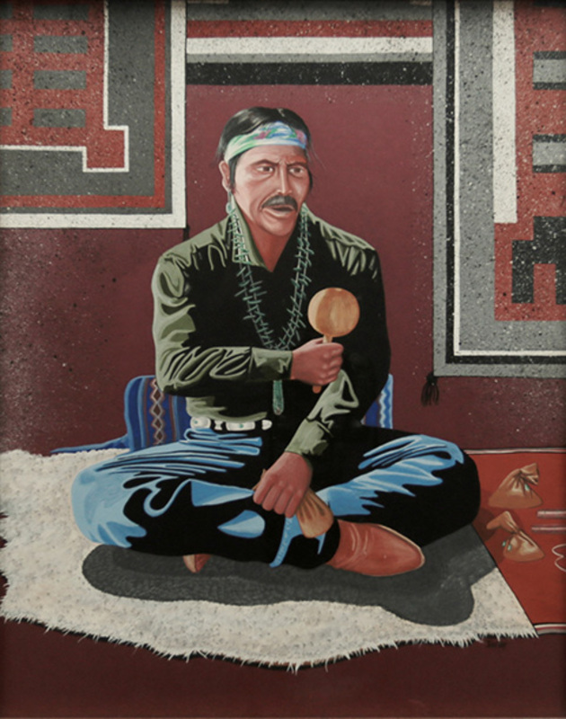 Navajo sand painter with gourd rattle