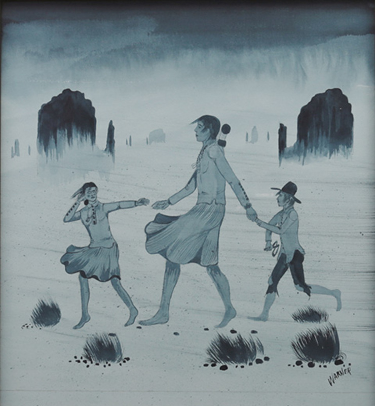 Navajo family walking in dust storm