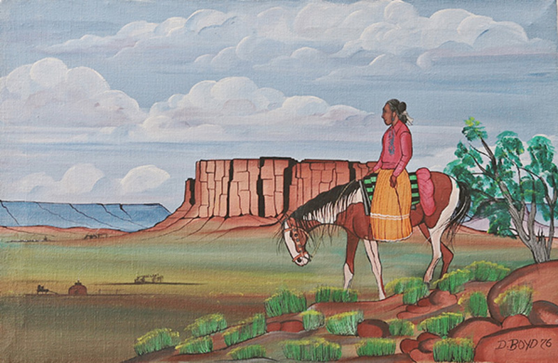 Woman riding horse to hogan