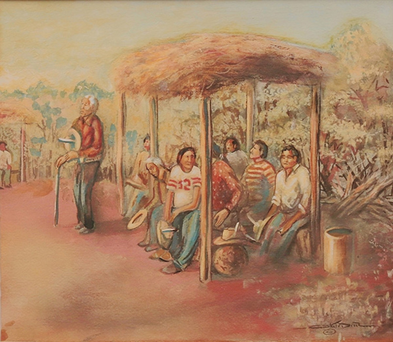 Men waiting under arbor