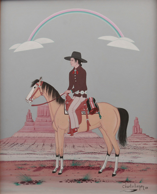 Navajo man on horse with rainbow above