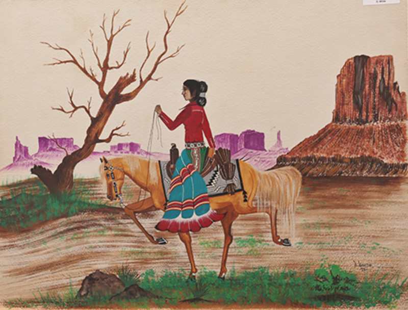 Navajo woman riding horse in desert (White)