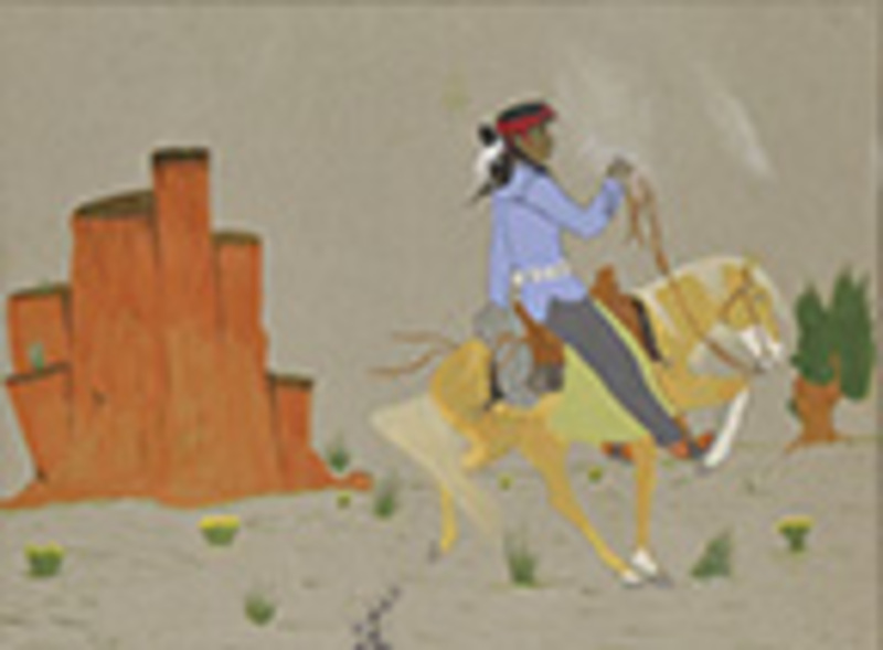 Navajo riding horse through desert