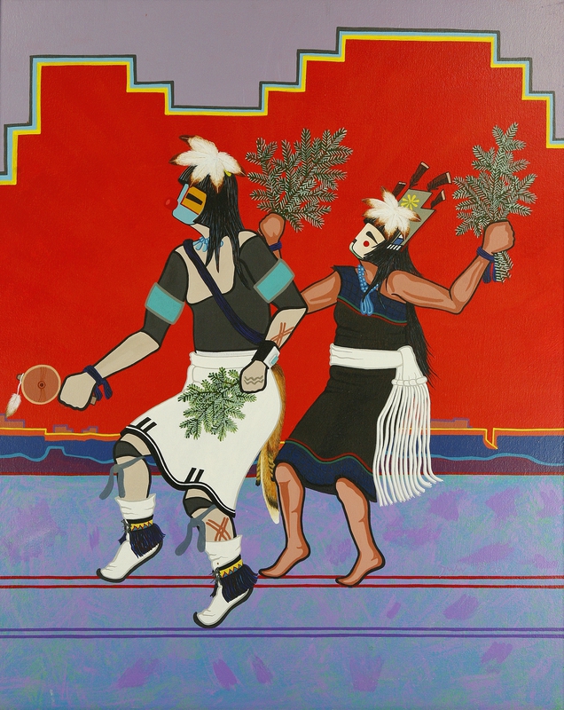 Pueblo couple dancing before a red background