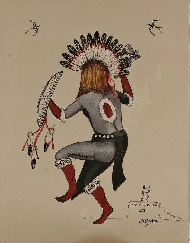 Pueblo dancer with shield and tomahawk