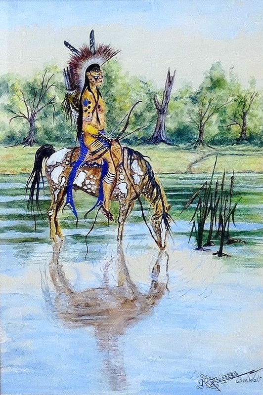 Hunter watering horse at stream