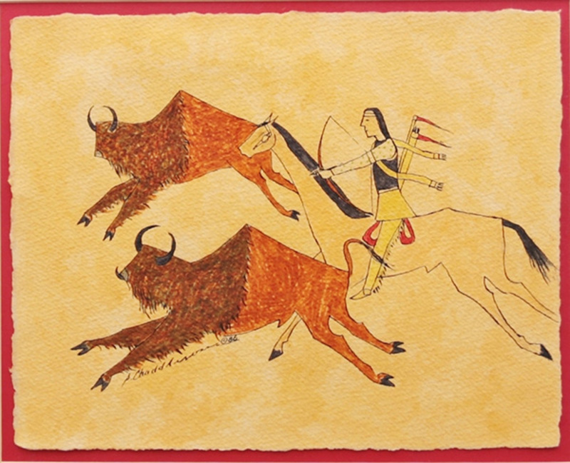 Man chasing buffaloes, ledger style