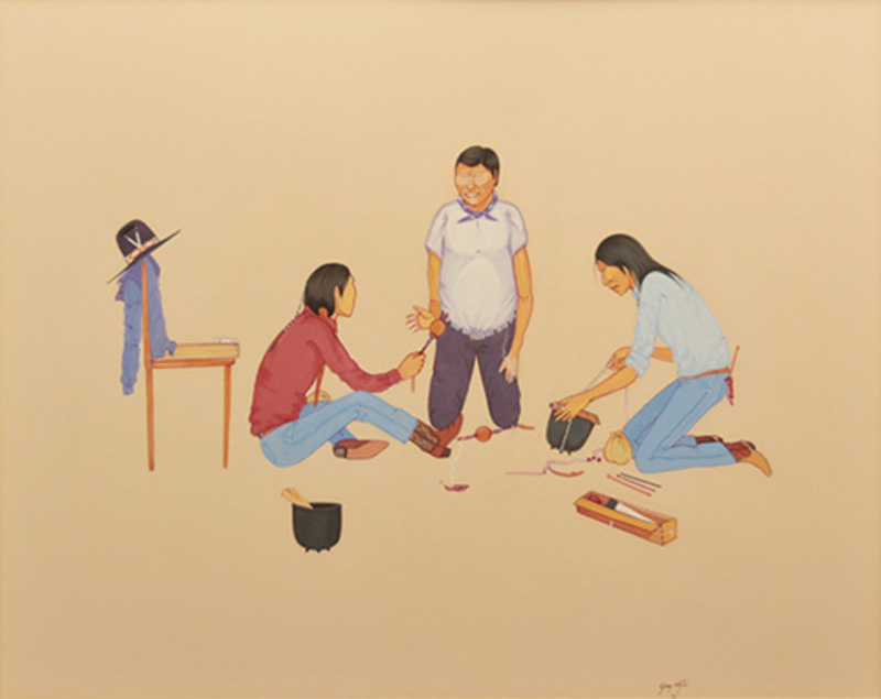 Three men making a drum