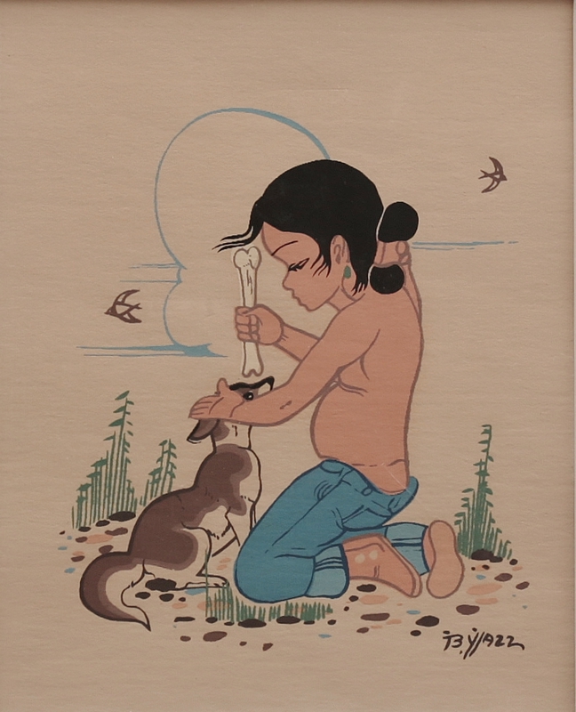 Untitled (Young boy holding bone for dog)