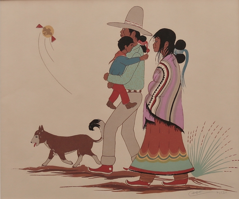 Navajo family walking with dog