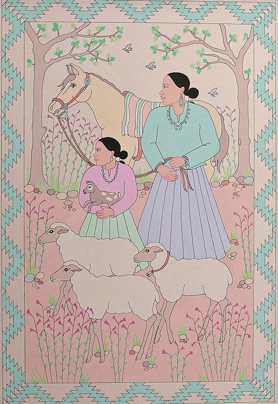 Shepherdesses with horse and sheep